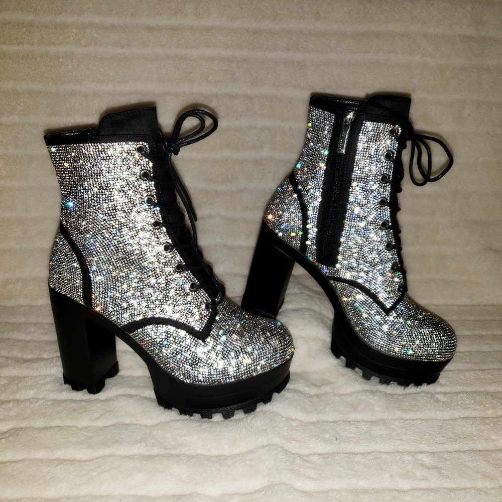 Cape Robbin Silver Crystal Lace-Up Platform Ankle Boots - Picture 3 of 15